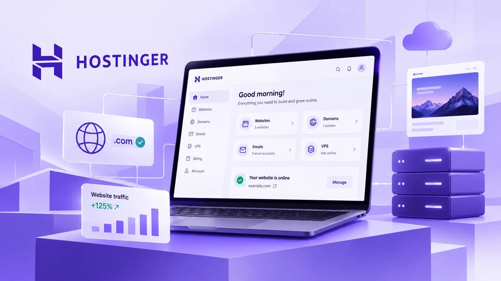 Hostinger dashboard on a laptop with domain, email, and website traffic panels