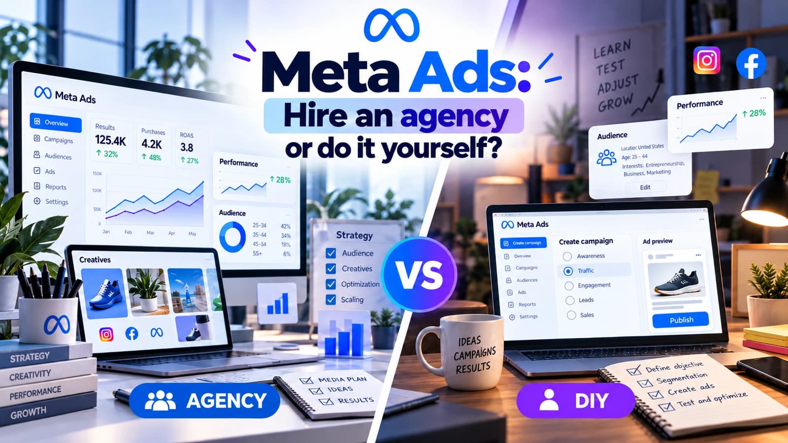 Laptop showing Meta Ads performance charts with Facebook and Instagram logos